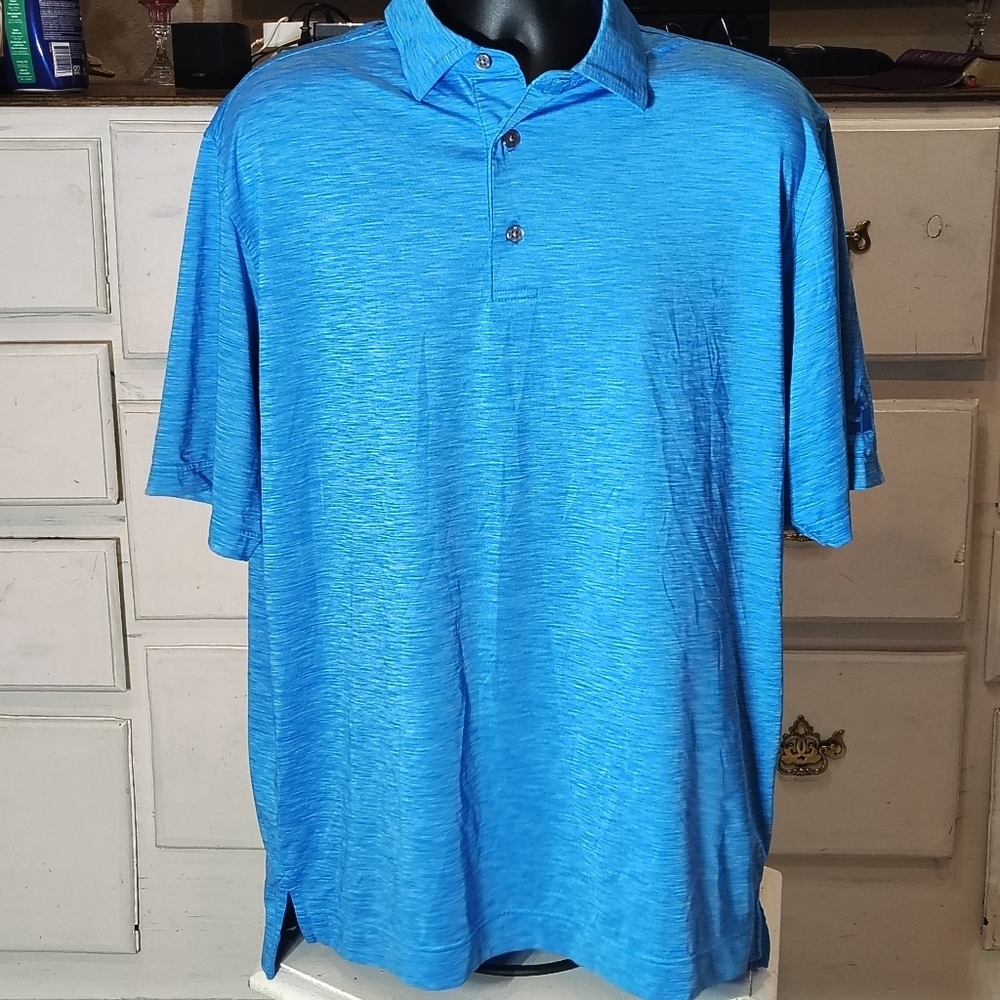 FootJoy Blue Heathered Men's Striped Polo Large Shirt Athletic Fit Golf